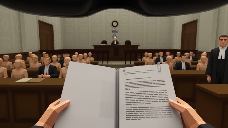 Inside the VR courtroom: the student holds her case file before the judge and a full gallery
