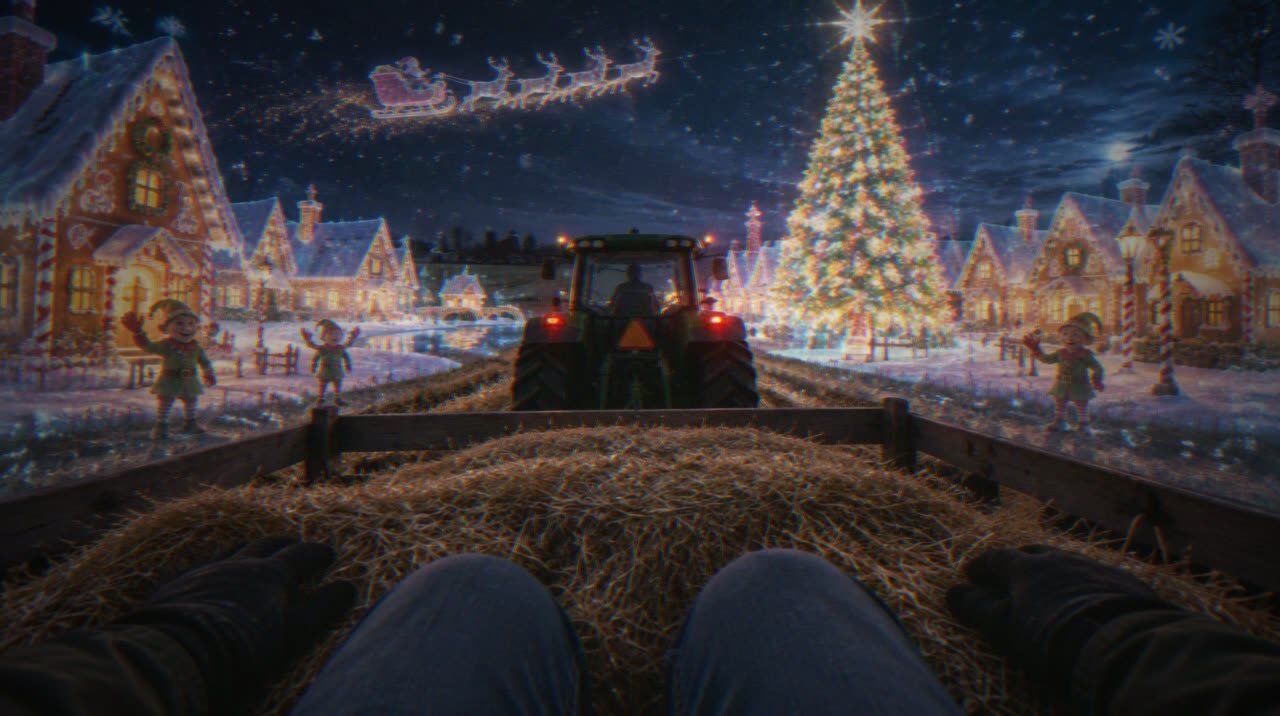 Concept headset view from the back of a hay wagon: a Christmas village appears around the field