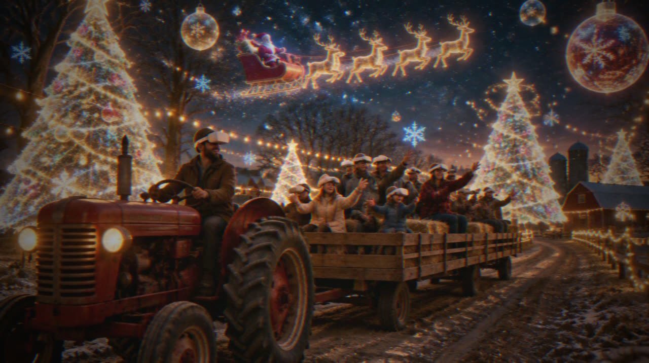 Concept: riders in headsets on a tractor-pulled hay wagon surrounded by AR Christmas scenes
