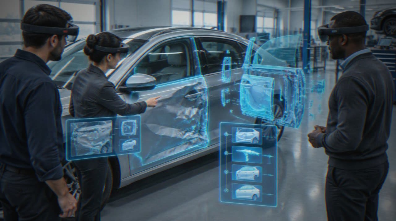 Concept: three people in HoloLens headsets inspect holographic overlays on a damaged car