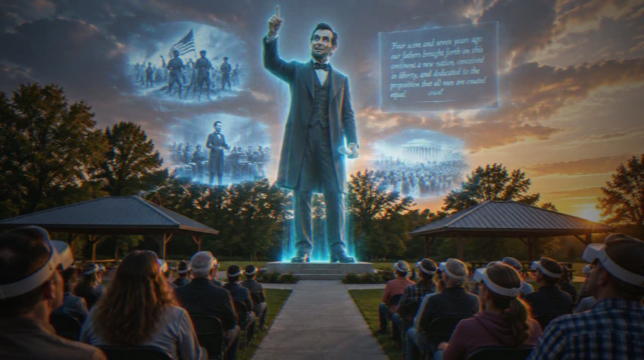 Concept: the giant Lincoln statue comes to life and speaks to a seated audience wearing headsets