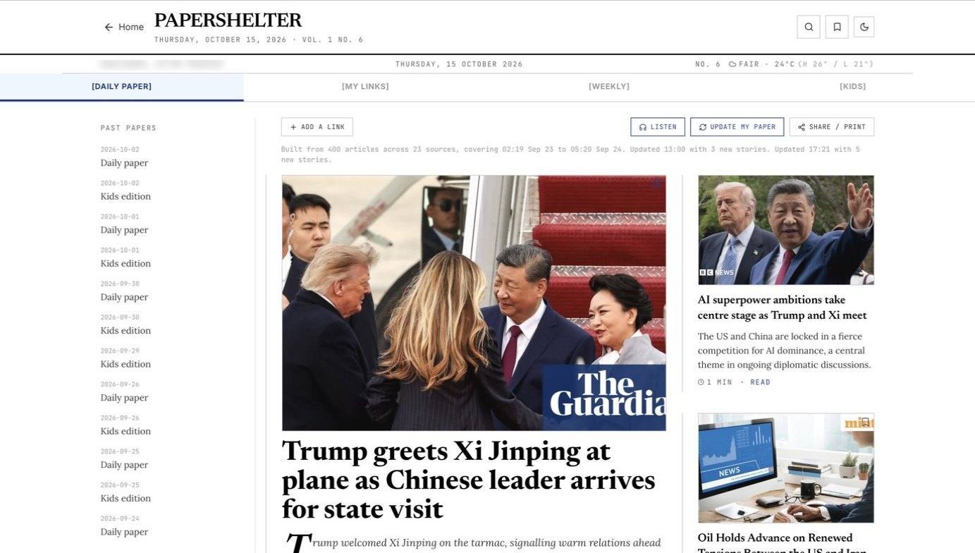 A real PaperShelter daily edition: front page with lead story, side stories and past papers